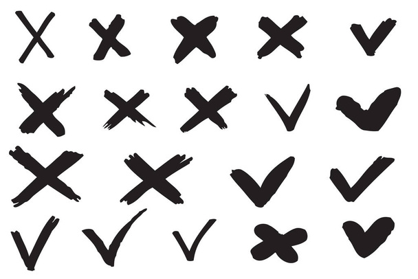 Definir marca de seleção preta desenhada à mão e cruz aparece. Ilustração isolada sobre fundo branco. - Vetor, Imagem