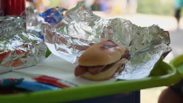 Cocinar comida rápida deliciosa pero poco saludable, Carne a la parrilla para hamburguesas, perros calientes - Metraje, vídeo