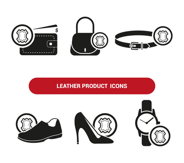 Vektorkép. Bőr tárgyak ikonok. Férfi és női cipő, pénztárca, öv, óraszíj és bőrtárca ikon. - Vektor, kép