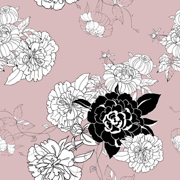 Bouquet monochrome flowers peony with leaves on pink background. Vector seamless pattern. - Vector, Image