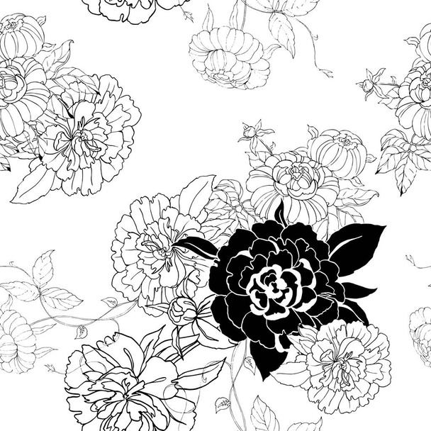 Bouquet monochrome flowers peony with leaves on white background. Vector seamless pattern. - Vector, Image