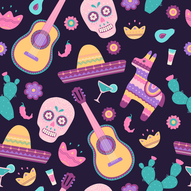 Cinco de Mayo motif sans couture avec des symboles mexicains traditionnels crâne, cactus, sombrero, guitare, pinata et chili. Tendance moderne dessiné à la main des éléments colorés dans le style de dessin animé plat sur fond bleu - Vecteur, image