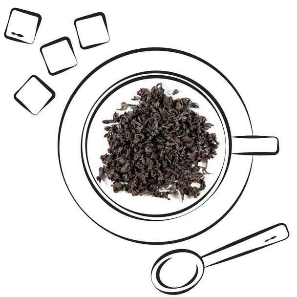 Un mucchio di tè nero secco isolato su sfondo bianco con simpatica tazza disegnata a mano doodle. - Foto, immagini