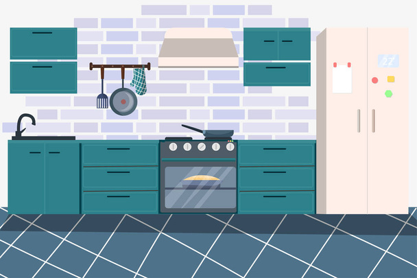 Kuchyně s nábytkem. Útulný interiér kuchyně. Vařím. Vektorová ilustrace v moderním plochém stylu. Pro váš design. - Vektor, obrázek