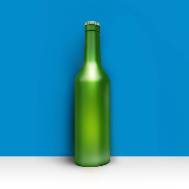 Clean green bottle of beer in corner room or studio. Studio illustration. Front view. 3D render. - Photo, Image