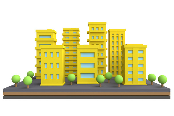 Cartoon Stadtbild in lustigem, niedlichem Stil. Abgelegenes Stadtgebiet mit modernen Wolkenkratzern und Gebäuden. 3D-Darstellung. - Foto, Bild