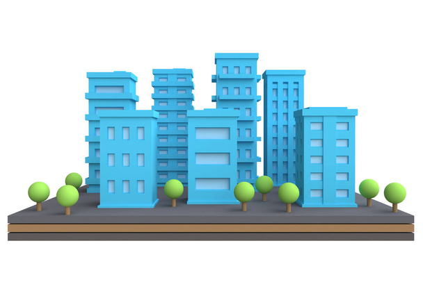 Cartoon cityscape v legračním roztomilém stylu. Izolujte městskou oblast s moderními mrakodrapy a budovami. 3D vykreslení. - Fotografie, Obrázek
