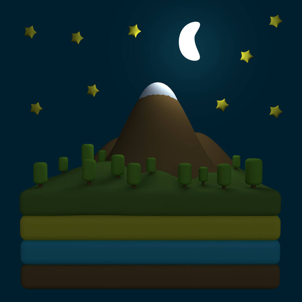 Estilizado engraçado desenho animado natureza paisagem com montanha, árvores, nuvens e lua. Ilha ou fatia de terra com camadas. Versão nocturna. Crianças argila, plástico ou brinquedo macio para aprender. ilustração 3d - Foto, Imagem