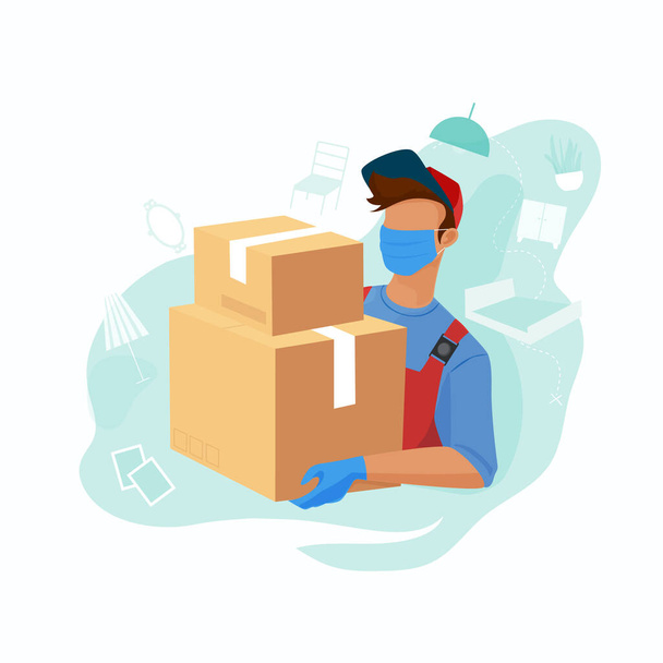 The young man from the moving service carries boxes. Vector flat illustration. - Vector, Image