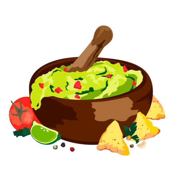Quacamole σε μπολ-μεξικάνικο παραδοσιακό φαγητό. Εικονογράφηση διανυσματικών χρωμάτων. Απομονωμένο σε λευκό φόντο. Σχέδιο ζωγραφισμένο στο χέρι - Διάνυσμα, εικόνα