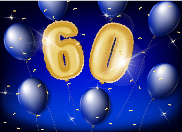 Slaví 60 let se zlatými a modrými balónky a třpytivými konfety na modrém pozadí. 3D vektorový design pro oslavy, pozvánky a přání. - Vektor, obrázek