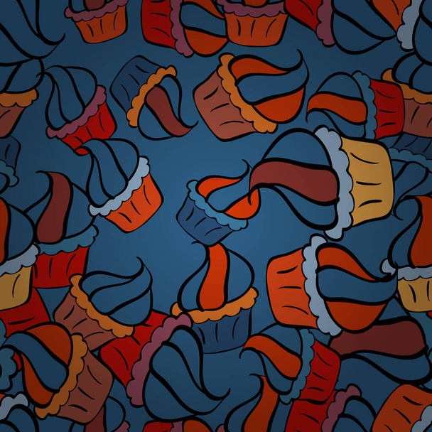 Seamless pattern with hand drawn delicious cupcakes on orange, black and blue. Vector illustration. Beautiful food design elements, perfect for prints and patterns. - Vector, Image
