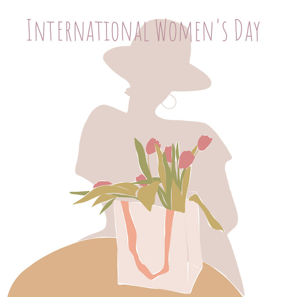 Carte postale de la Journée internationale de la femme avec sac de tulipes sur fond de silhouette féminine - Vecteur, image