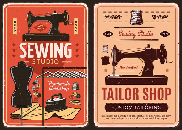 Varró stúdió és szabó bolt retro plakátok. Egyedi szabó és ruhajavító műhely vintage bannerek régi kézi varrógép, ruha forma és tűk, gombok, vas és gyűszűvű vektor - Vektor, kép