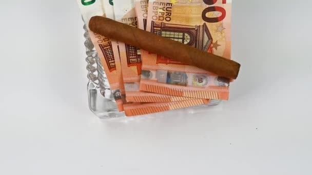 50 eurobankovek s cigaretami na popelníku - Záběry, video