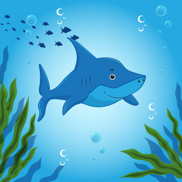 Мультяшная акула под водой. Векторная иллюстрация - Вектор,изображение