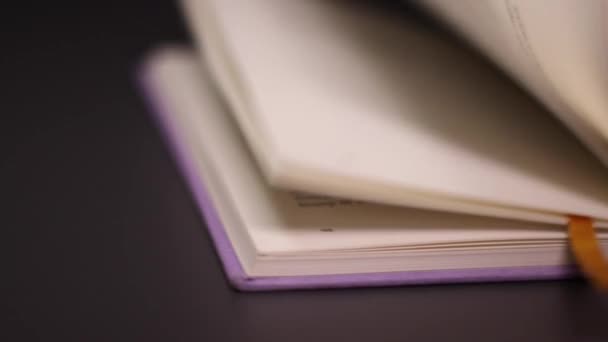 Makro ujęcie zamykające fioletową książkę. Zbliżenie do przewracania stron książki. miłość do czytania koncepcji. Szczegółowy widok nierozpoznawalnego tekstu na arkuszach - Materiał filmowy, wideo