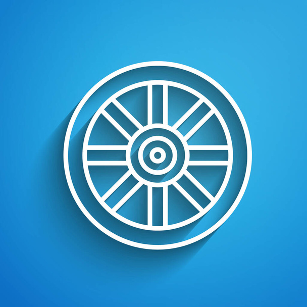 White line Old wooden wheel icon isolated on blue background. Long shadow. Vector. - Vector, Image
