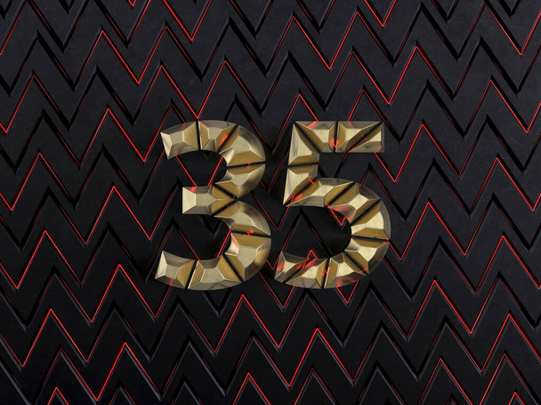 Nummer vijfendertig (nummer 35) gemaakt van goudstaven op donkere ondergrond met sneden en gloed van rode neonlijnen. Vooraanzicht. 3D illustratie - Foto, afbeelding
