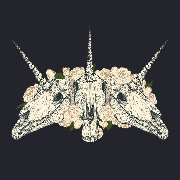 Eenhoorn schedel met witte rozen in retro vintage stijl. Ontwerp sjabloon voor tatoeage, print, omslag. Vectorillustratie. - Vector, afbeelding