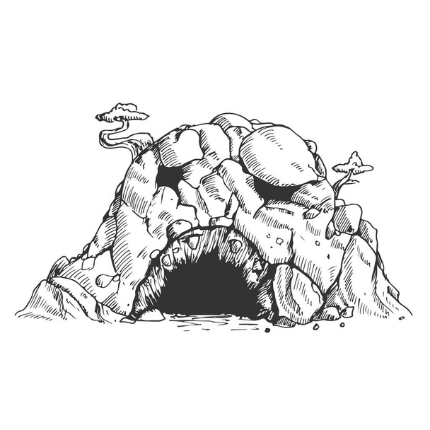 Cueva siniestra en estilo vintage dibujado a mano. Dibujo ilustración vectorial aislado sobre fondo blanco. - Vector, Imagen