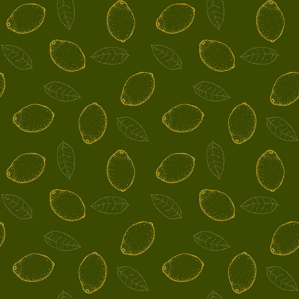 黄色のレモンと葉で手描きベクトルシームレスパターン。トロピカル夏のフルーツヴィンテージスタイルのイラストを刻印。ブランディングパッケージ、繊維のためのデザイン要素. - ベクター画像