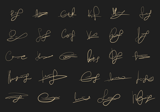 Eine fiktive Signatur isoliert auf schwarzem Hintergrund. Vorlage für ein persönliches Autogramm. Abstrakte Vektorskizzen. - Vektor, Bild