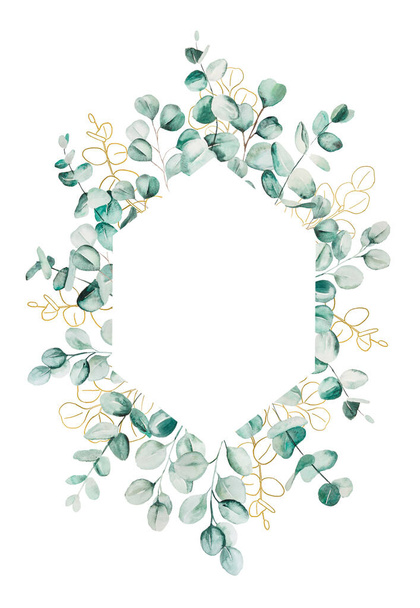 Akvarell eukaliptusz levelek díszlet illusztráció. Irodaszerek elemei, meghívók, üdvözlőlapok, logók, minták, matricák  - Fotó, kép