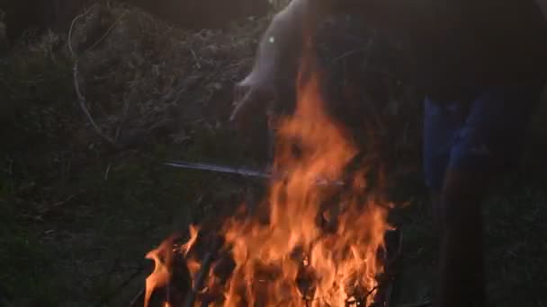 Muž ruce dát sušené větvičky a větve do ohně plamen proti rozmazané venkovské pozadí - Záběry, video