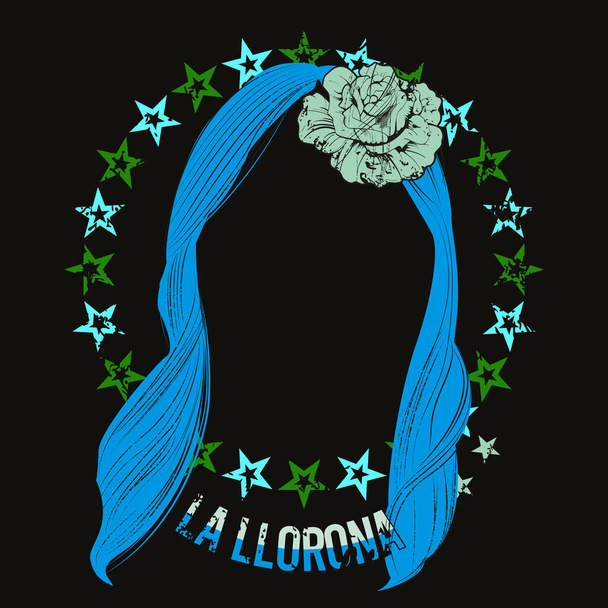 Design for t-shirts of a ghost with long hair, a flower and stars. - Vector, Image