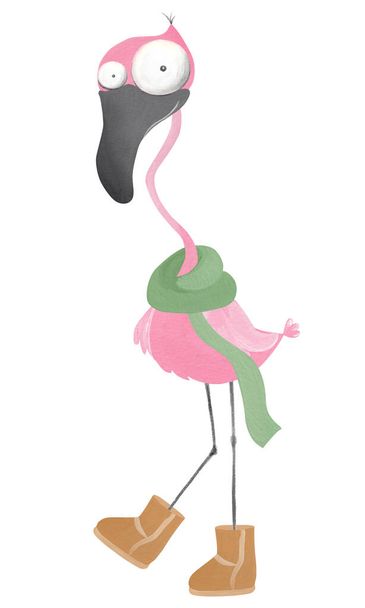Hauska flamingo talvella huivi ja saappaat. Käsin piirretty flamingo-kuva - Valokuva, kuva