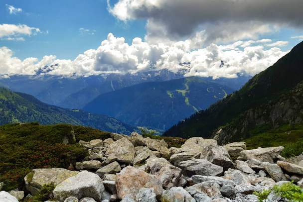 Beautiful panorama of the mountains from the path that leads to the Segantini refuge in the Val Nambrone in Trentino, travel and landscapes in Italy - Photo, Image