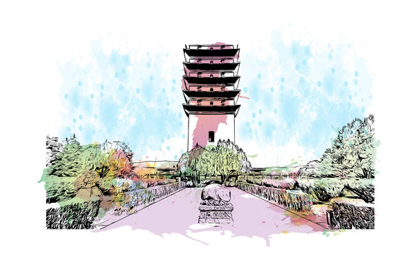 Print Building näkymä maamerkki Dali on kaupunki Kiinassa. Vesiväriroiske käsin piirretyllä piirroksella vektoreissa. - Vektori, kuva