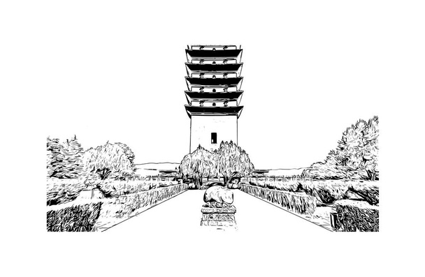 Print Вид на здание с изображением Дали - это город в Китае. Ручной рисунок в векторе. - Вектор,изображение