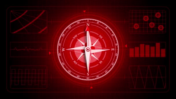 Zbliżenie widok kompasu na głębokim czerwonym tle. Futurystyczny interfejs. Płynna pętla - Materiał filmowy, wideo