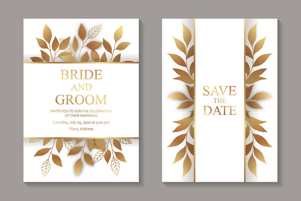 Set luxe bloemen bruiloft uitnodiging ontwerp of wenskaart sjablonen met gouden bladeren op een witte achtergrond. - Vector, afbeelding
