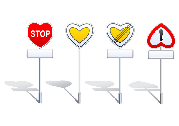 Panneaux routiers en forme de cœur (priorité, etc.). 4 panneaux routiers prioritaires et avertisseurs (avec panneaux complémentaires) conçus en forme de cœur. Les ombres sont superposées séparément. - Vecteur, image