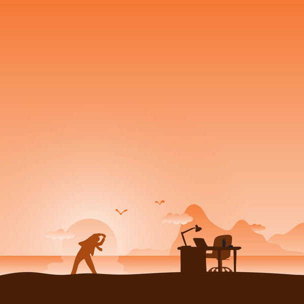 бізнесмен розтягується на пляжі після роботи на столі в ілюстрації помаранчевого градієнтного відтінку вектор
. - Вектор, зображення