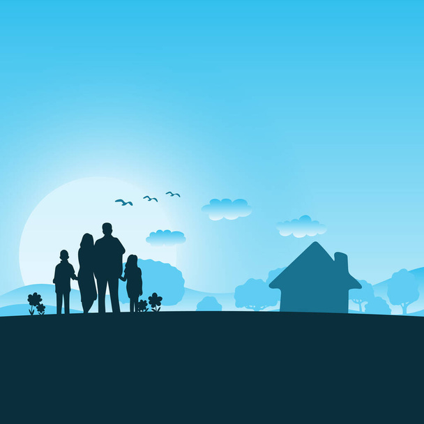 Familie im blauen Farbton Hintergrund von Haus und Natur Illustrationsvektor. - Vektor, Bild