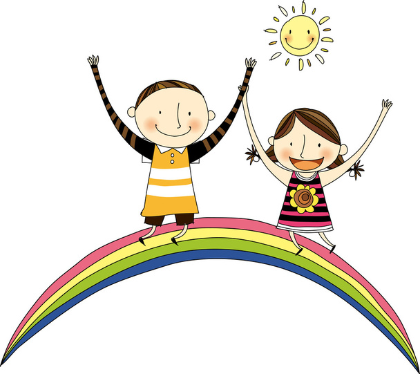 Two children on the rainbow - Vector, Image