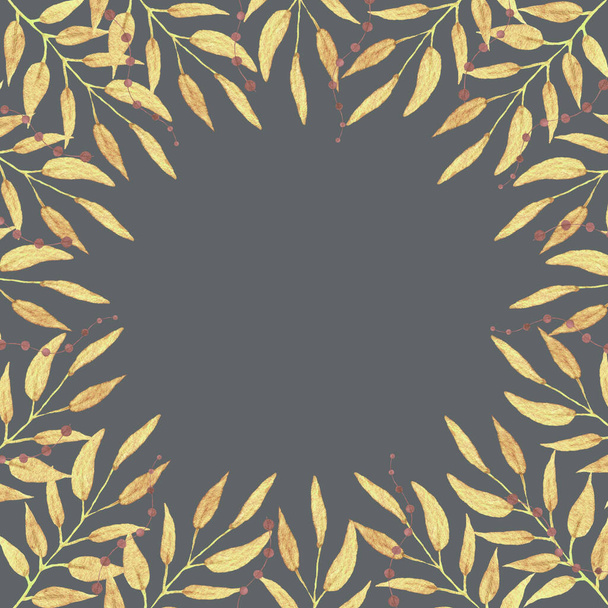 Marco botánico con hojas pintadas con acuarela. Forma rectangular,. Tarjeta, marco o borde para fondo. - Foto, Imagen