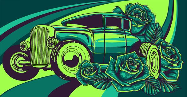 Old school car with decorative roses in classic style. - Vector, Image