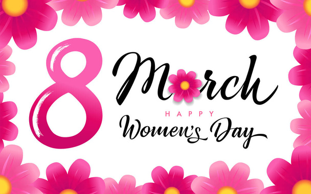 8 de marzo, Feliz Día de la Mujer felicitaciones elegantes. Precioso marco rosa lindo, fondo blanco, dígito 8 en estilo de cepillado, texto caligráfico. Plantilla de diseño gráfico abstracto aislado. Símbolo decorativo brillante - Vector, imagen