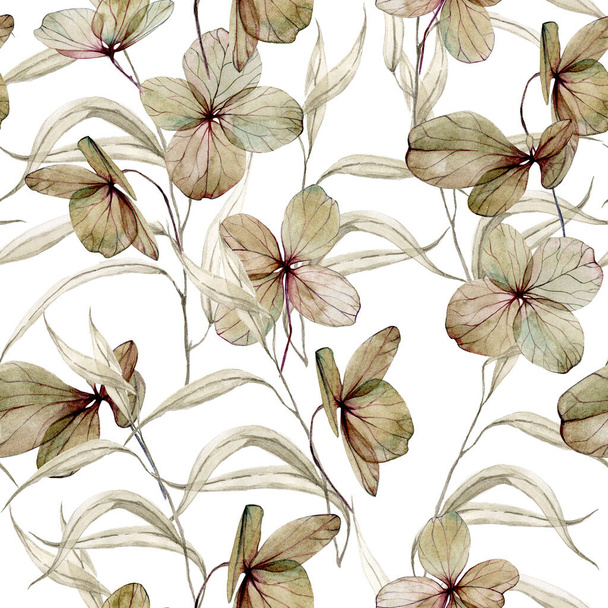 υδατογραφία αδιάλειπτη μοτίβο στο θέμα του φθινοπώρου. αποξηραμένα φύλλα και βότανα, αποξηραμένα λουλούδια, ορτανσία λουλούδια. boho στυλ, ρετρό, φυσικά καφέ, γήινα χρώματα. - Φωτογραφία, εικόνα