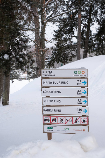 Reittimerkkejä terveyspolulla Piritassa, Tallinnassa lumisen talven aikana. Piritan terveyspoluilla kaikki urheilun harrastajat voivat hiihtää talvella, kävellä, juosta ja pyöräillä kesällä.. - Valokuva, kuva