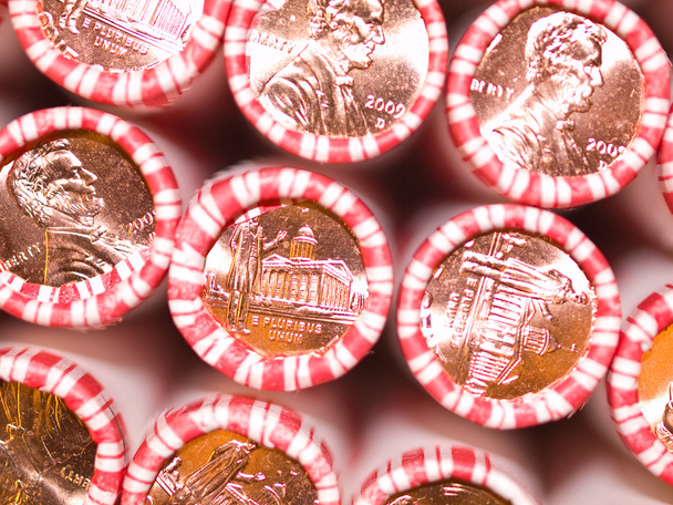 Penny Rolls Lined Up in a Box of Coins - Photo, Image