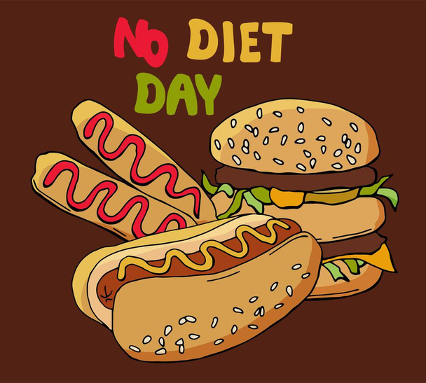 Mezinárodní den bez diety. Burger, hot dog, corn dog. Ručně kreslený styl. Vektorová ilustrace. - Vektor, obrázek