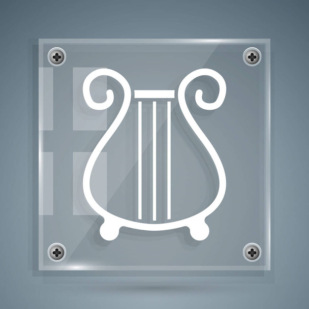 White Ancient Greek lyre icon isolated on grey background. Classical music instrument, orhestra string acoustic element. Square glass panels. Vector. - Vector, Image