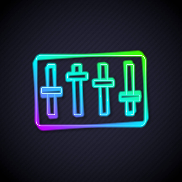 Glowing neon line Sound mixer controller icon isolated on black background. Dj equipment slider buttons. Mixing console.  Vector. - Vector, Image