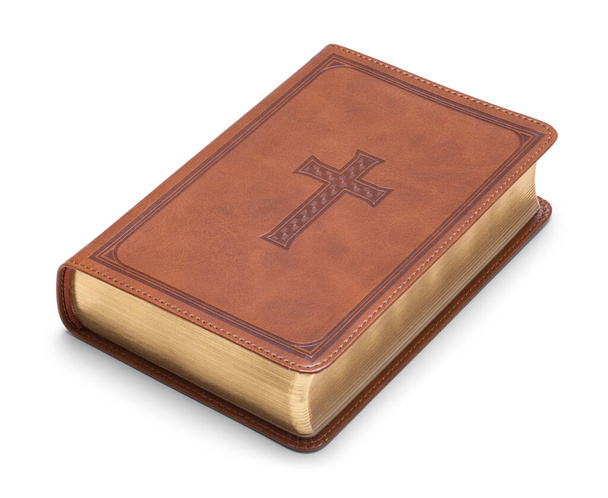Biblia de cuero marrón con Cruz y páginas de oro recortadas. - Foto, Imagen